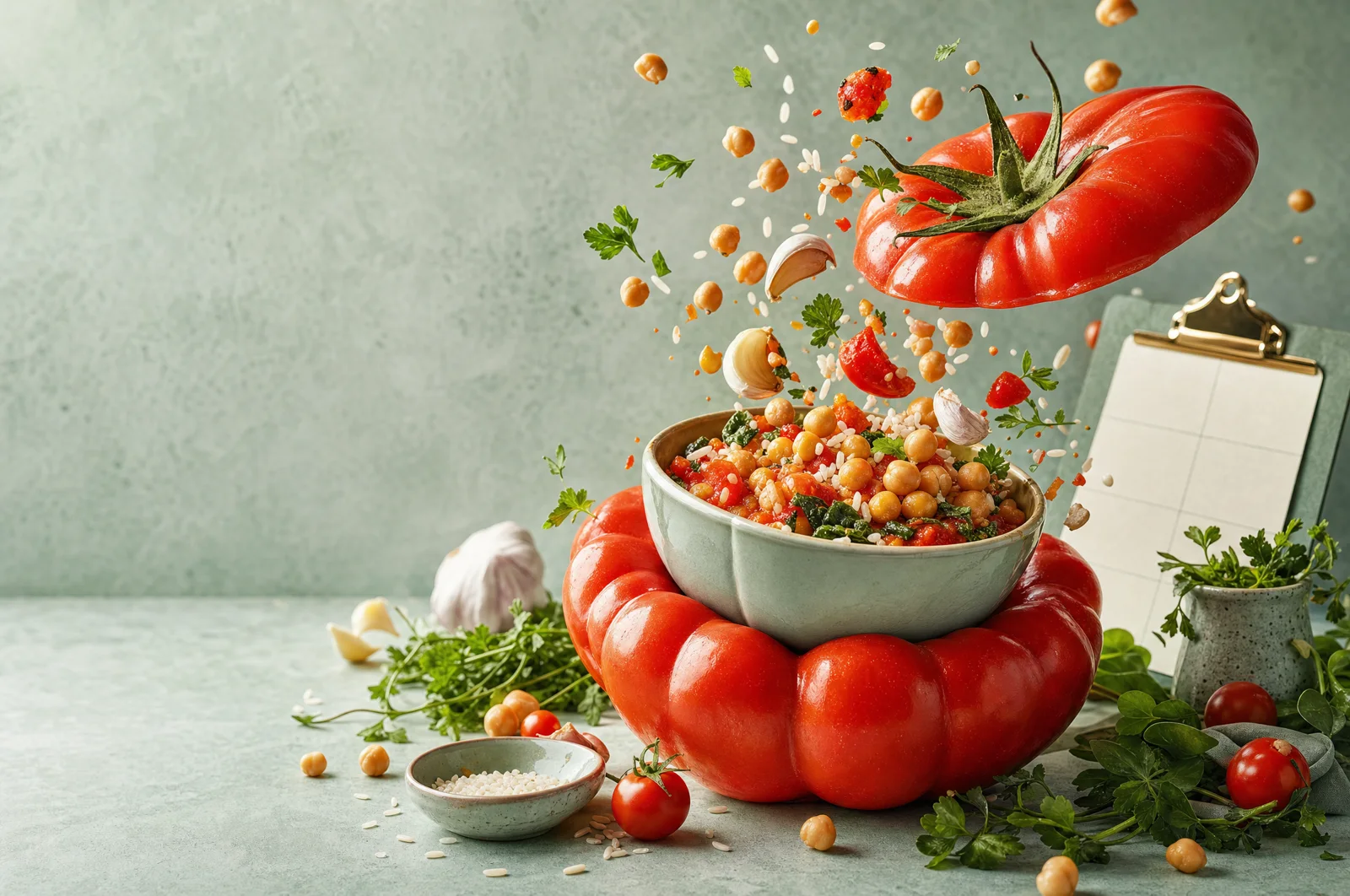 Composición editorial de tomate, garbanzos, hierbas y un planificador semanal